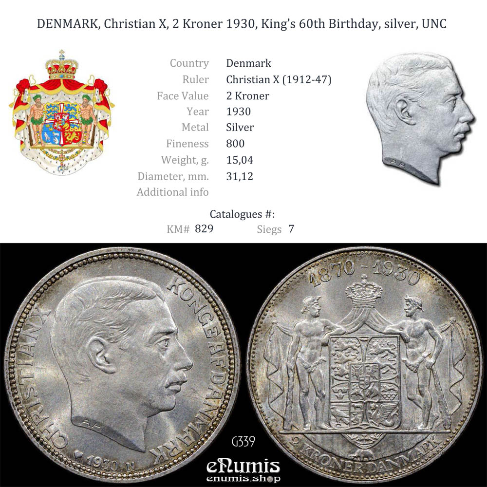 DENMARK, Christian X, 2 Kroner 1930, King’s 60th Birthday, silver, UNC