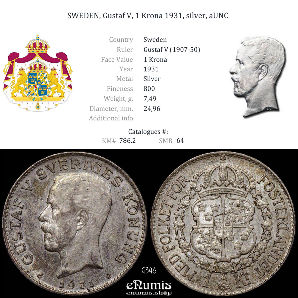 SWEDEN, Gustaf V, 1 Krona 1931, silver, aUNC