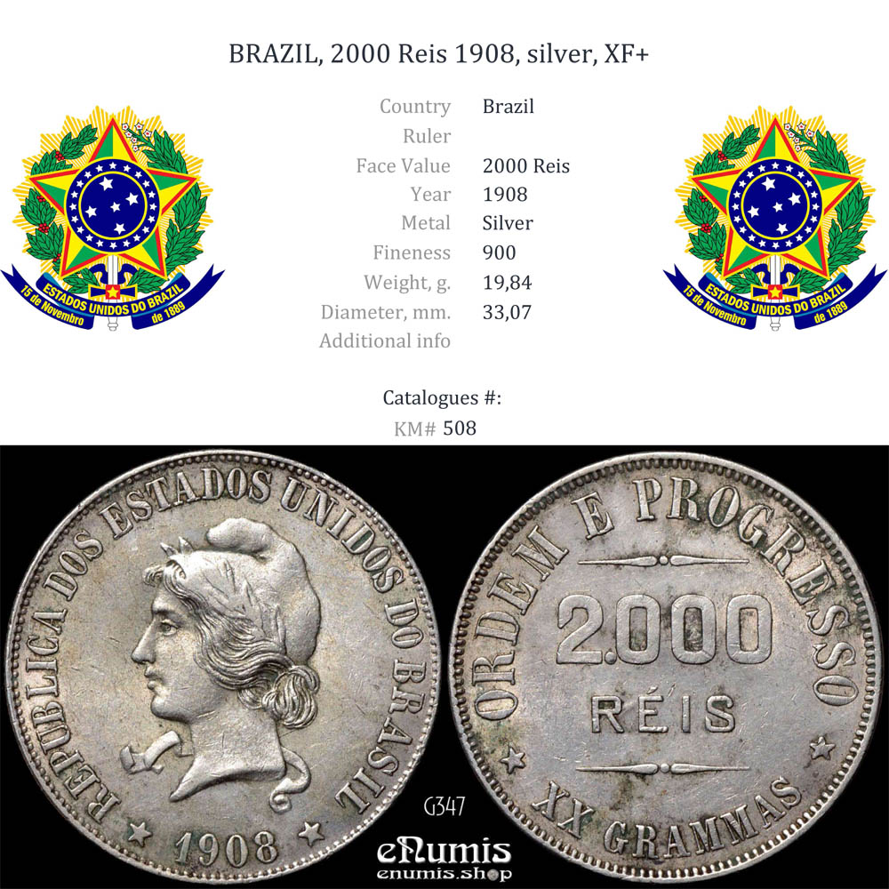 BRAZIL, 2000 Reis 1908, silver, XF+ BRAZIL, 2000 Reis 1908, silver, XF+
