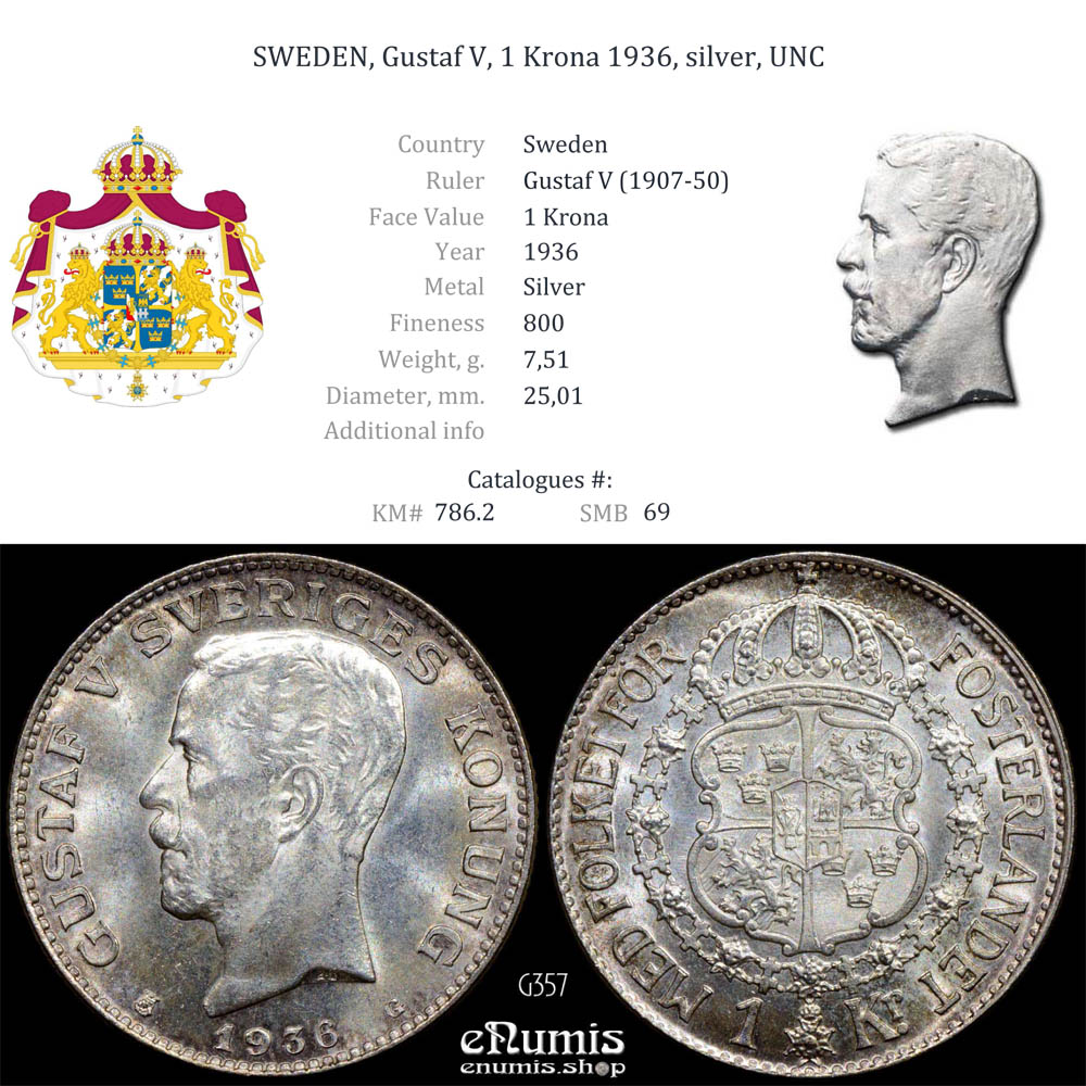 SWEDEN, Gustaf V, 1 Krona 1936, silver, UNC