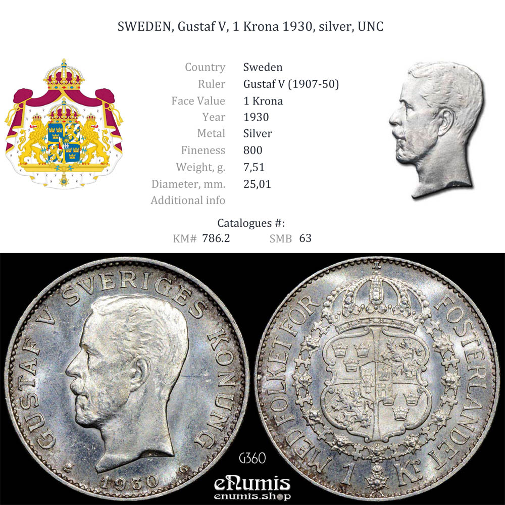 SWEDEN, Gustaf V, 1 Krona 1930, silver, UNC