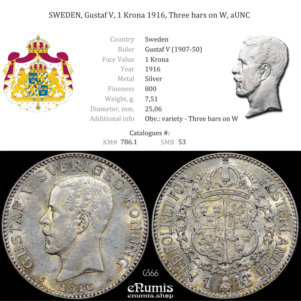 SWEDEN, Gustaf V, 1 Krona 1916, Three bars on W, aUNC SWEDEN, Gustaf V, 1 Krona 1916, Three bars on W, aUNC