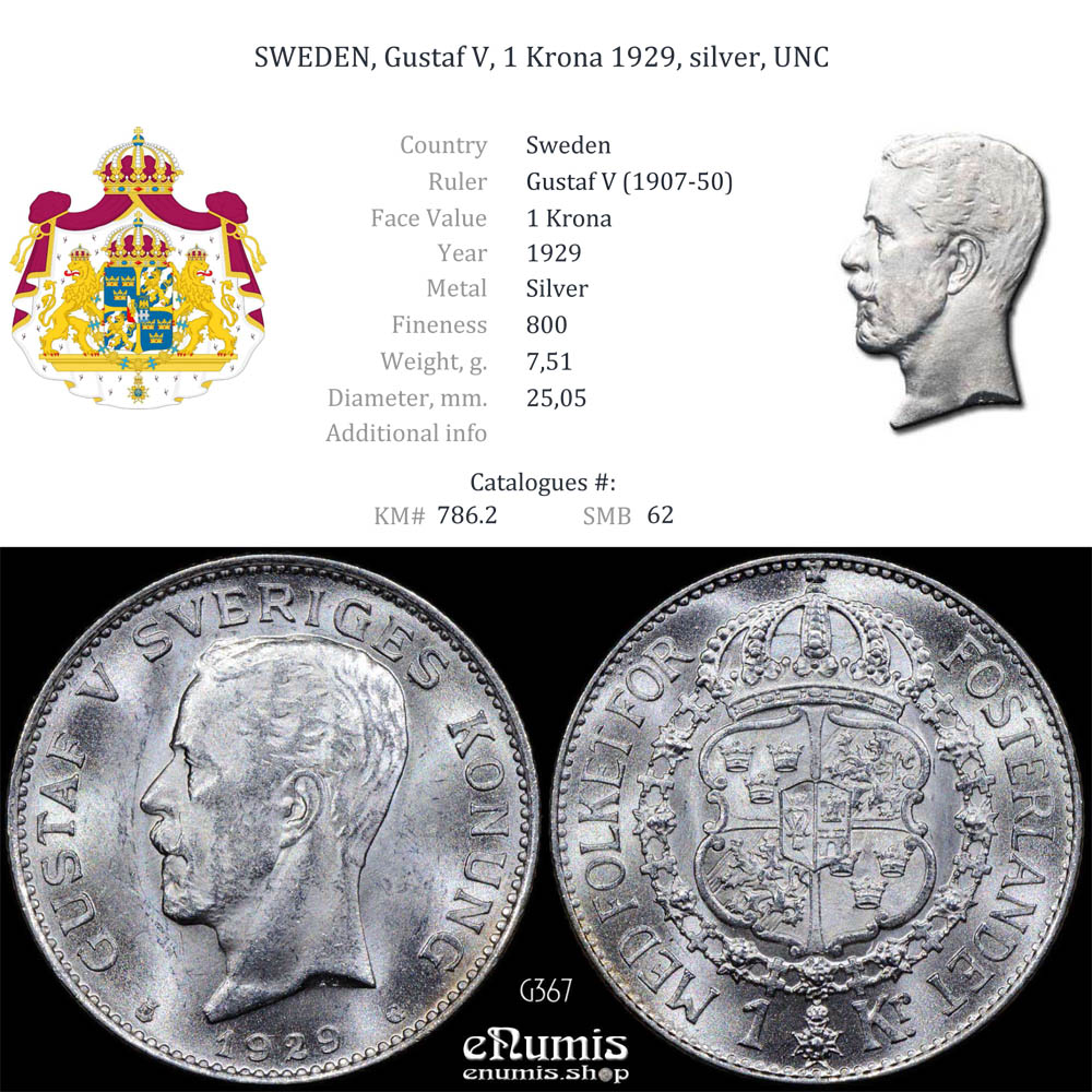SWEDEN, Gustaf V, 1 Krona 1929, silver, UNC