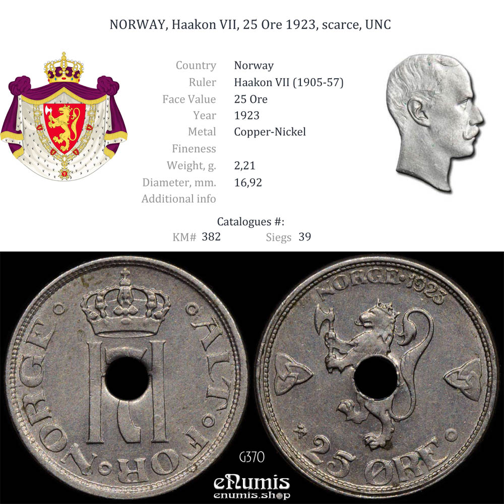 NORWAY, Haakon VII, 25 Ore 1923, scarce, UNC