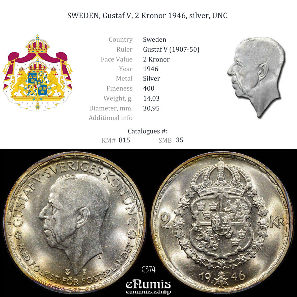 SWEDEN, Gustaf V, 2 Kronor 1946, silver, UNC