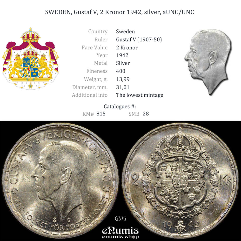 SWEDEN, Gustaf V, 2 Kronor 1942, silver, aUNC/UNC