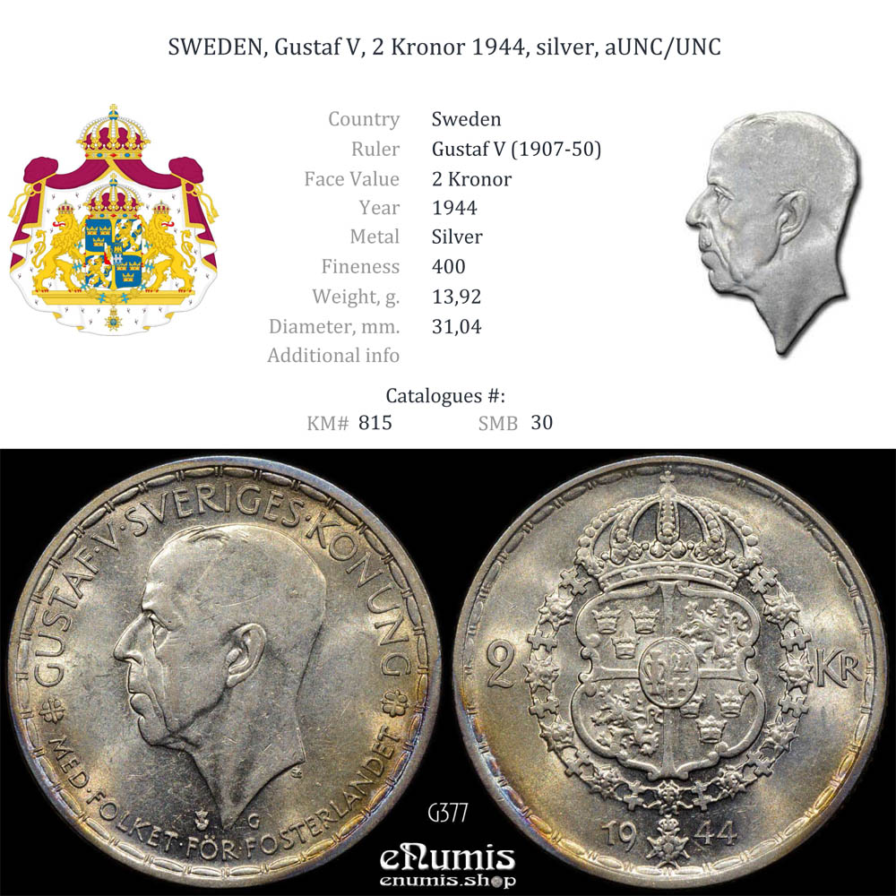 SWEDEN, Gustaf V, 2 Kronor 1944, silver, aUNC/UNC