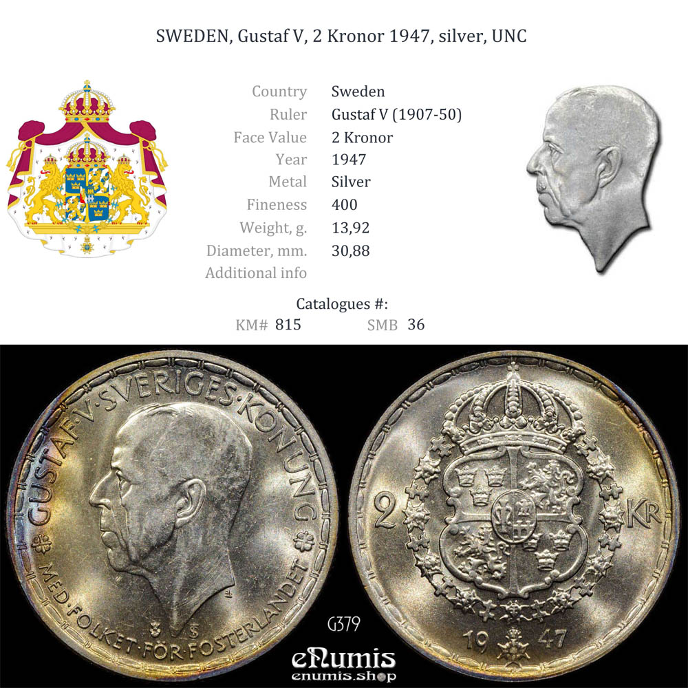 SWEDEN, Gustaf V, 2 Kronor 1947, silver, UNC