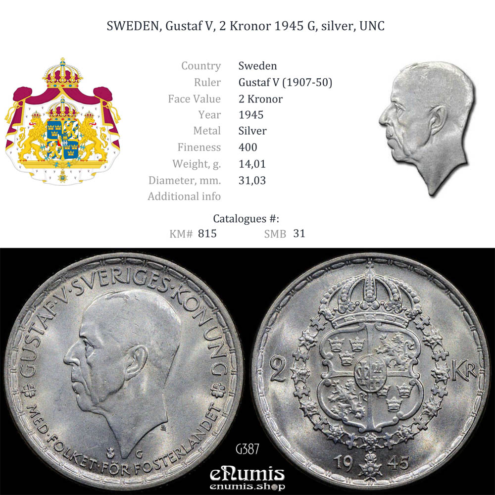 SWEDEN, Gustaf V, 2 Kronor 1945 G, silver, UNC