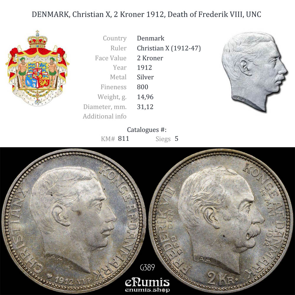 DENMARK, Christian X, 2 Kroner 1912, Death of Frederik VIII, UNC