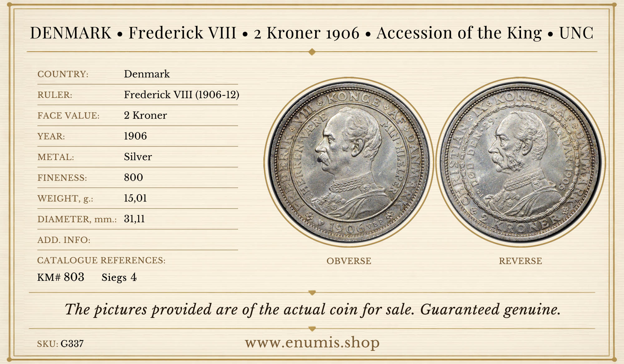 DENMARK, Frederick VIII, 2 Kroner 1906, Accession of the King, UNC DENMARK, Frederick VIII, 2 Kroner 1906, Accession of the King, UNC