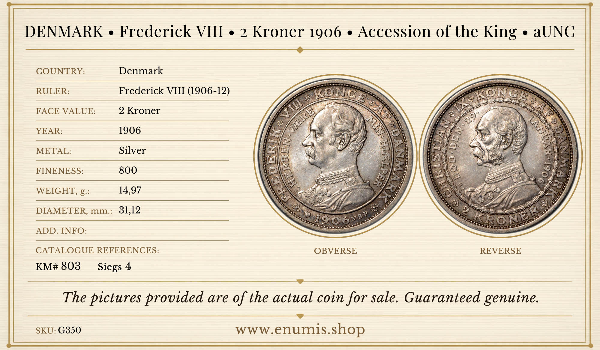 DENMARK, Frederick VIII, 2 Kroner 1906, Accession of the King, aUNC