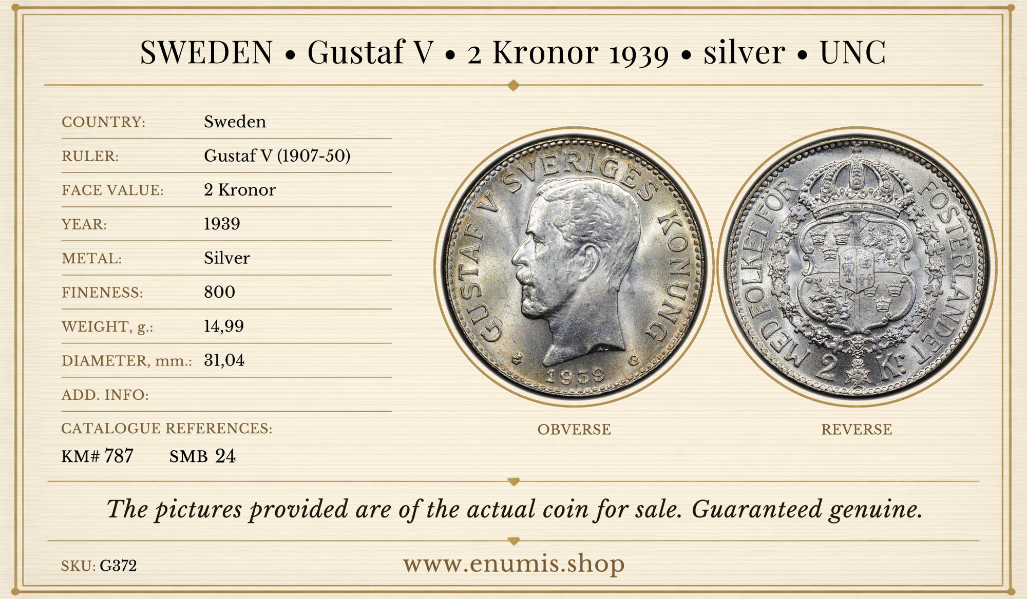 SWEDEN, Gustaf V, 2 Kronor 1939, silver, UNC SWEDEN, Gustaf V, 2 Kronor 1939, silver, UNC