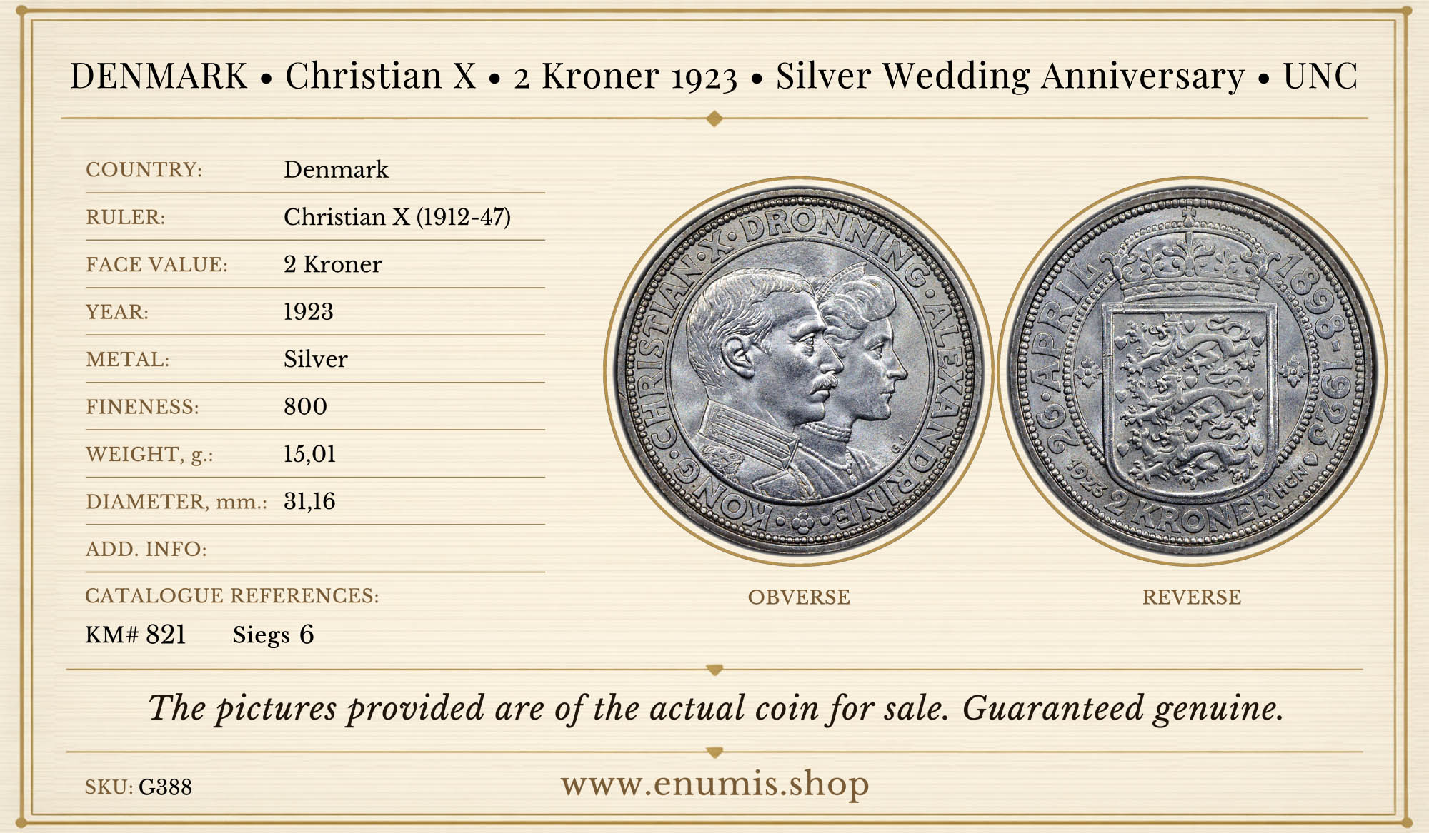 DENMARK, Christian X, 2 Kroner 1923, Silver Wedding Anniversary, UNC