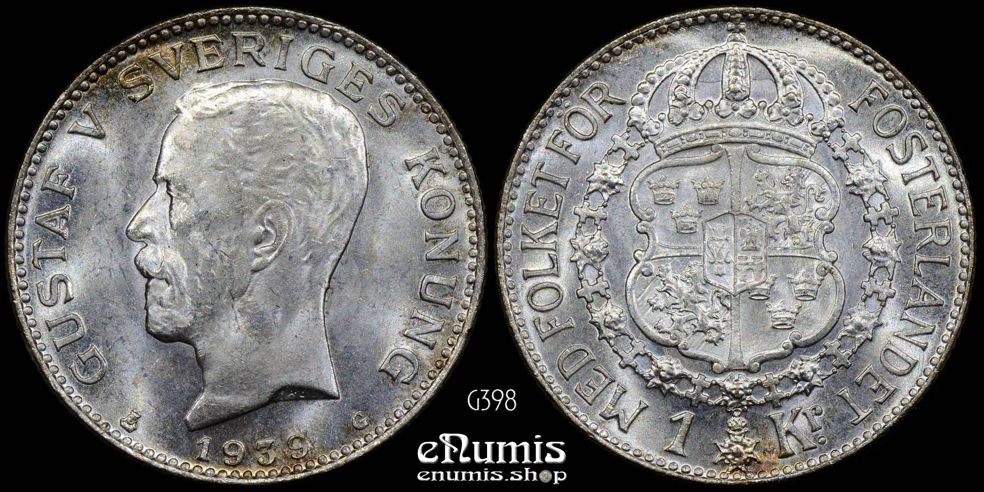SWEDEN, Gustaf V, 1 Krona 1939, silver, UNC
