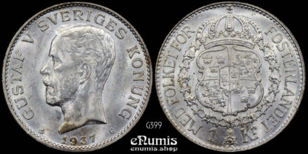 SWEDEN, Gustaf V, 1 Krona 1937, silver, UNC