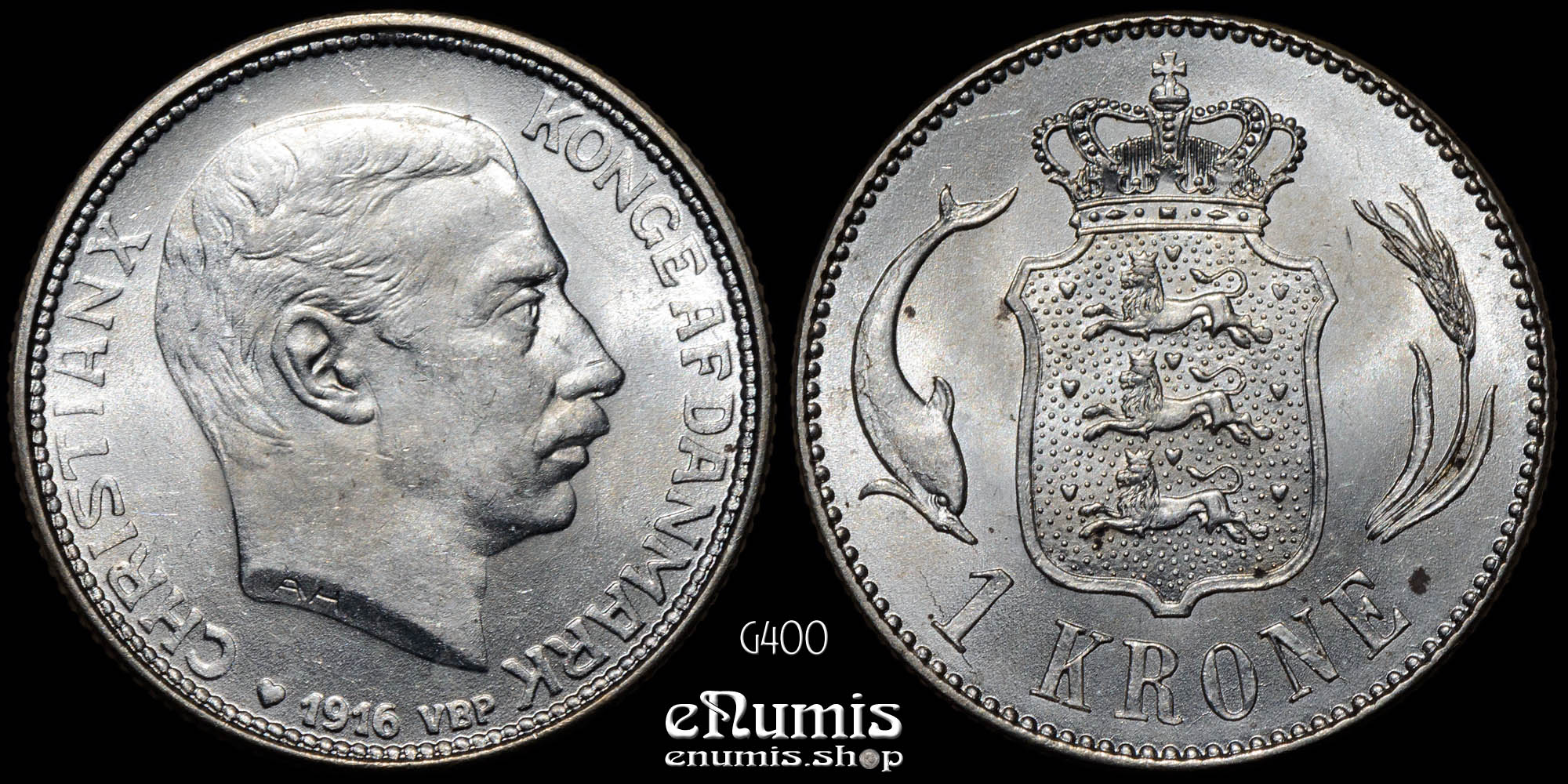 DENMARK, Christian X, 1 Krone 1916, UNC