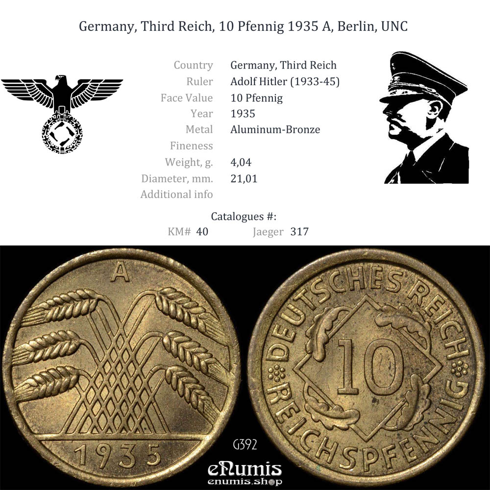 Germany, Third Reich, 10 Pfennig 1935 A, Berlin, UNC Germany, Third Reich, 10 Pfennig 1935 A, Berlin, UNC