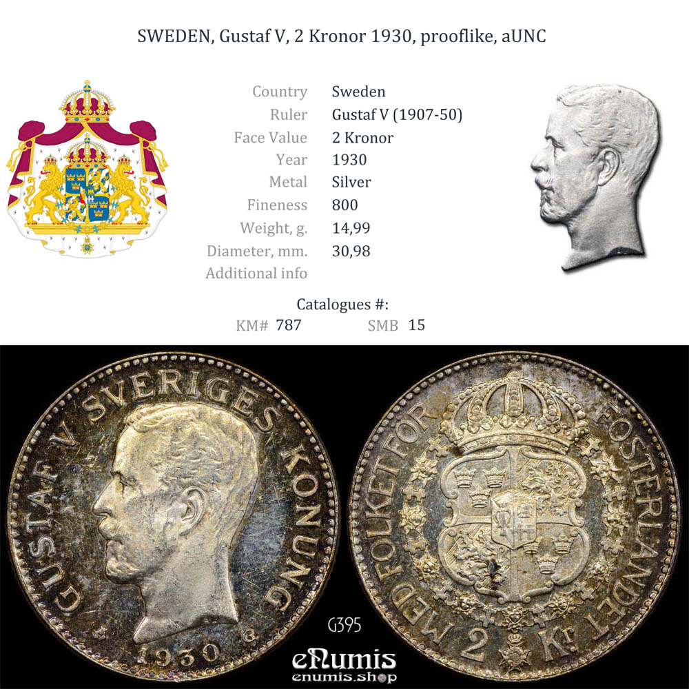 SWEDEN, Gustaf V, 2 Kronor 1930, prooflike, aUNC