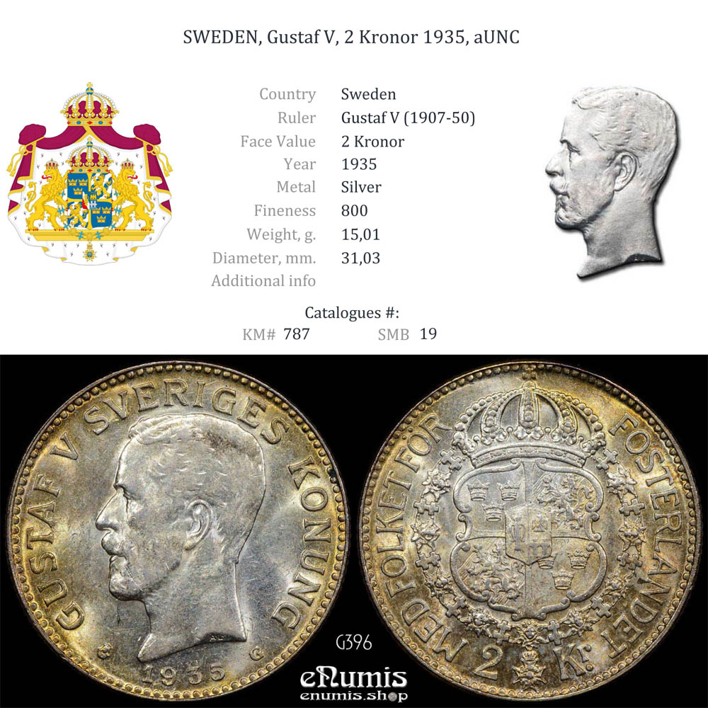 SWEDEN, Gustaf V, 2 Kronor 1935, aUNC