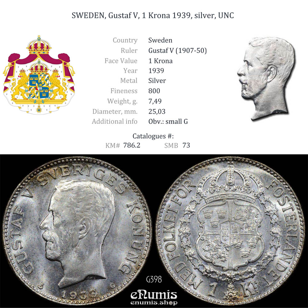 SWEDEN, Gustaf V, 1 Krona 1939, silver, UNC