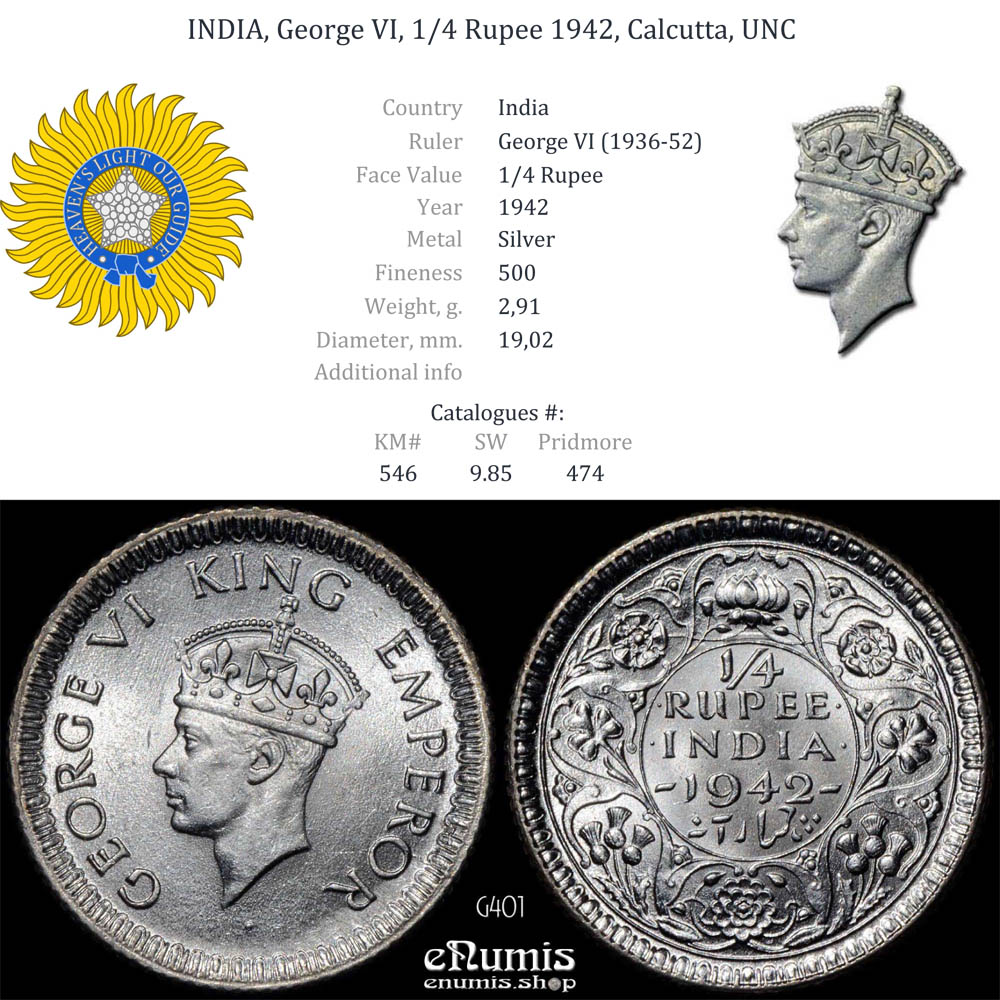 INDIA, George VI, 1/4 Rupee 1942, Calcutta, UNC