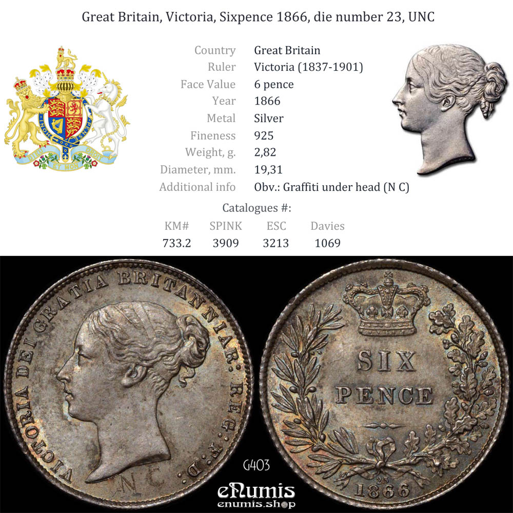 Great Britain, Victoria, Sixpence 1866, die number 23, UNC