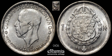 SWEDEN, Gustaf V, 1 Krona 1945, silver, TS over G, aUNC