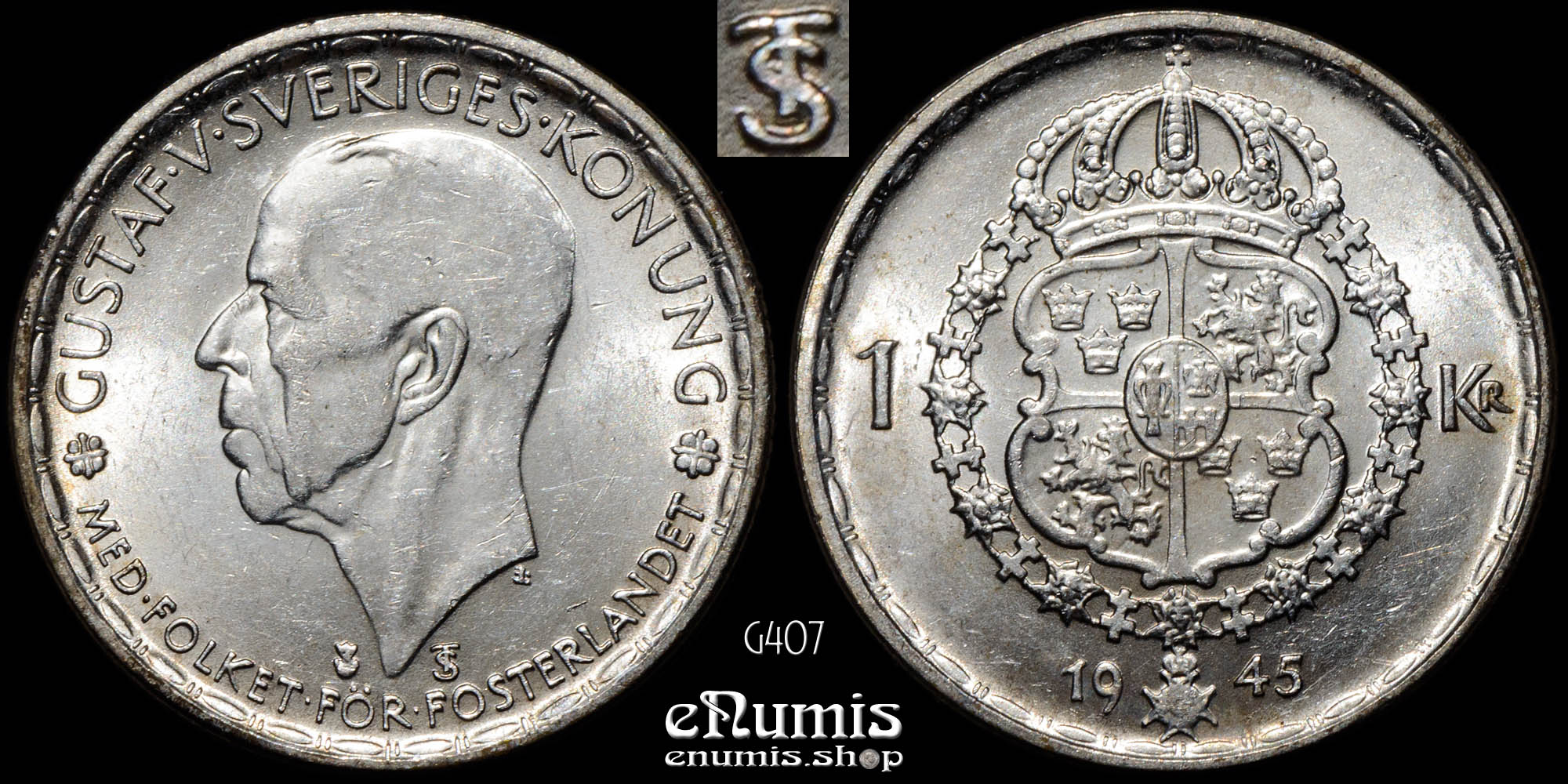 SWEDEN, Gustaf V, 1 Krona 1945, silver, scarce variety, aUNC