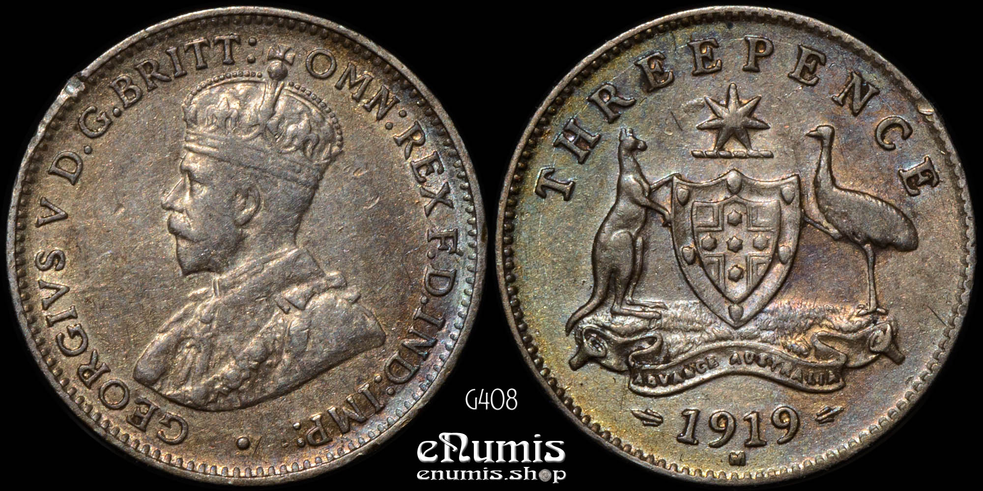 AUSTRALIA, George V, 3 Pence 1919 M, toned, XF AUSTRALIA, George V, 3 Pence 1919 M, toned, XF