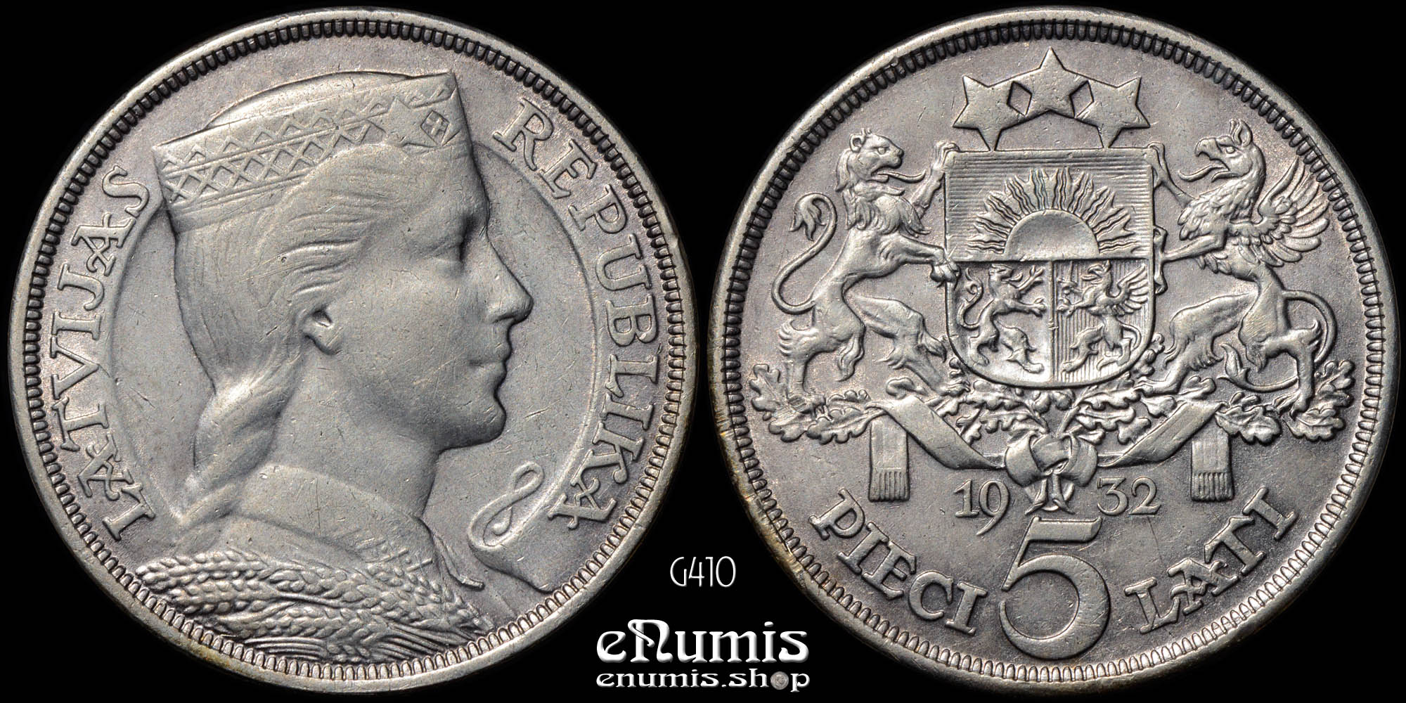 LATVIA, 5 Lati 1932, silver, better year, XF-UNC LATVIA, 5 Lati 1932, silver, better year, XF-UNC