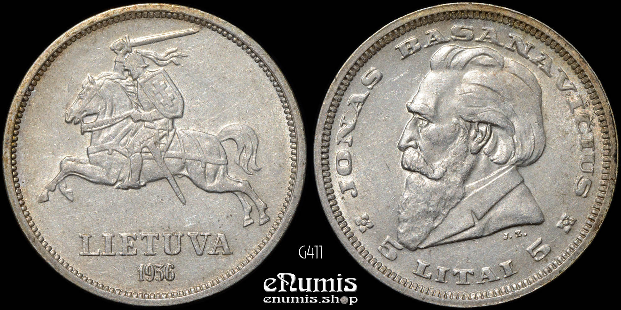 LITHUANIA, 5 Litai 1936, Basanavicius, aUNC