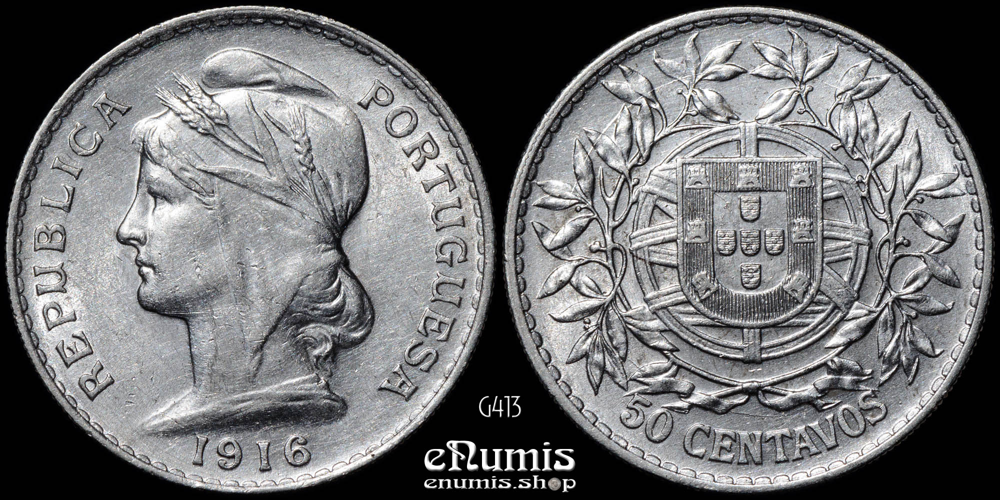 PORTUGAL, 50 Centavos 1916, silver, XF-UNC