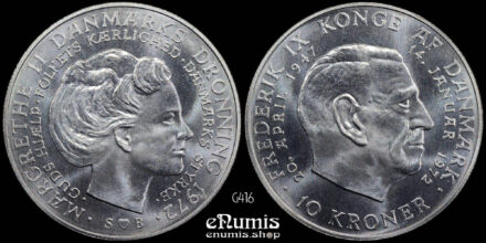 DENMARK, Margrethe II, 10 Kroner 1972, Accession of the Queen, UNC