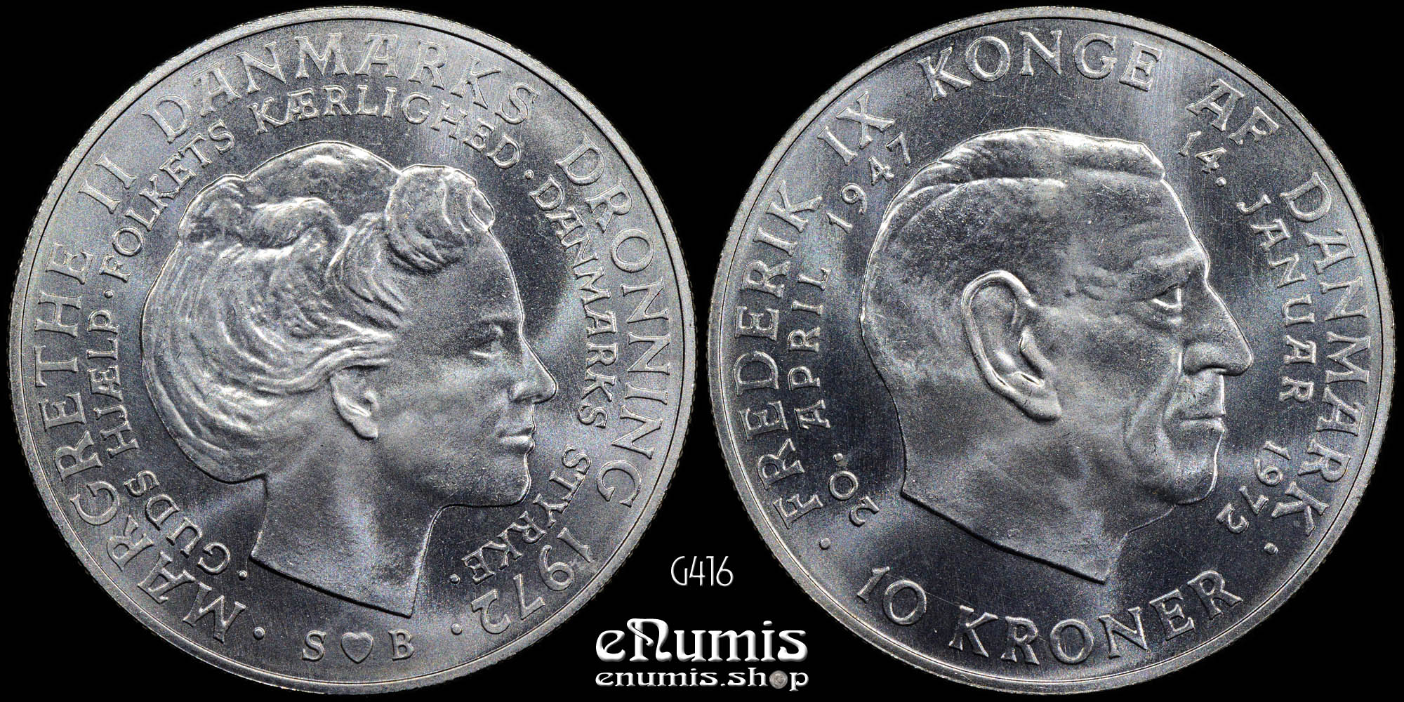 DENMARK, Margrethe II, 10 Kroner 1972, Accession of the Queen, UNC