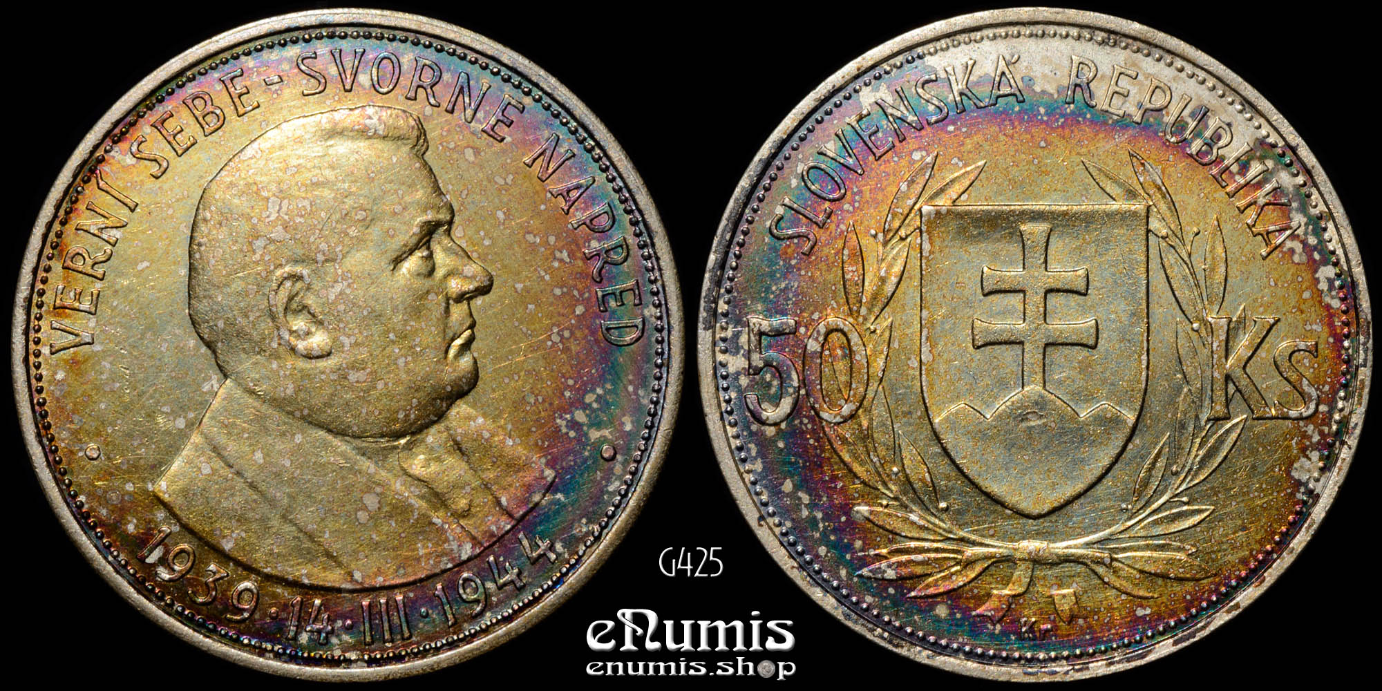 Slovakia, 50 Korun 1944, silver, toned, aUNC