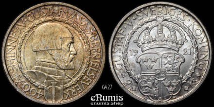 SWEDEN, Gustaf V, 2 Kronor 1921, 400th Anniversary of Political Liberty, UNC