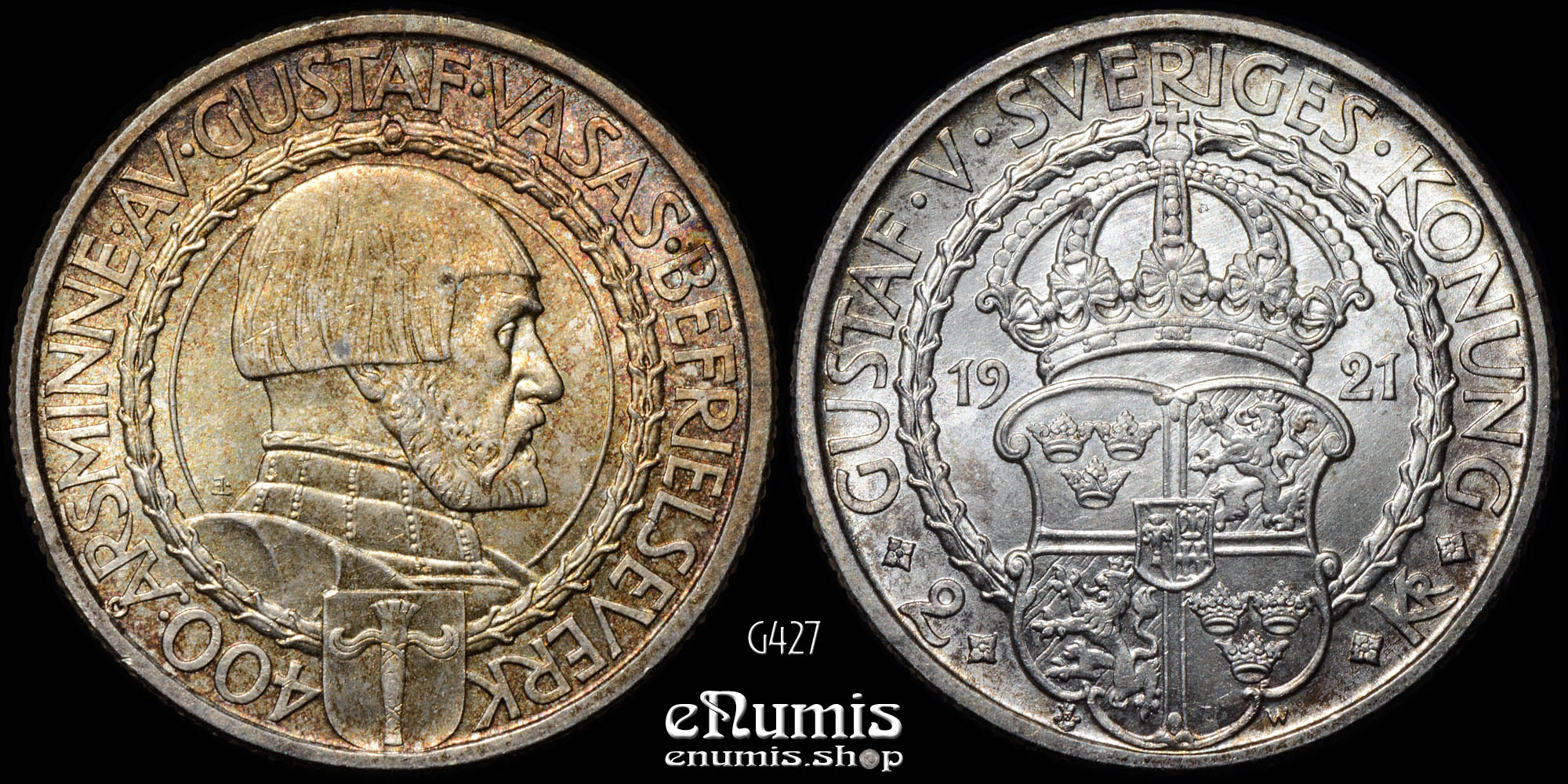 SWEDEN, Gustaf V, 2 Kronor 1921, 400th Anniversary of Political Liberty, UNC