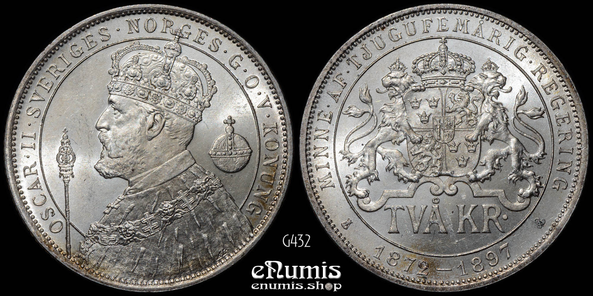 SWEDEN, Oscar II, 2 Kronor 1897, Silver Jubilee, UNC