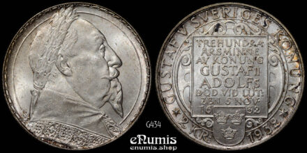 SWEDEN, Gustaf V, 2 Kronor 1932, 300th Anniversary - Death of Gustaf II, UNC