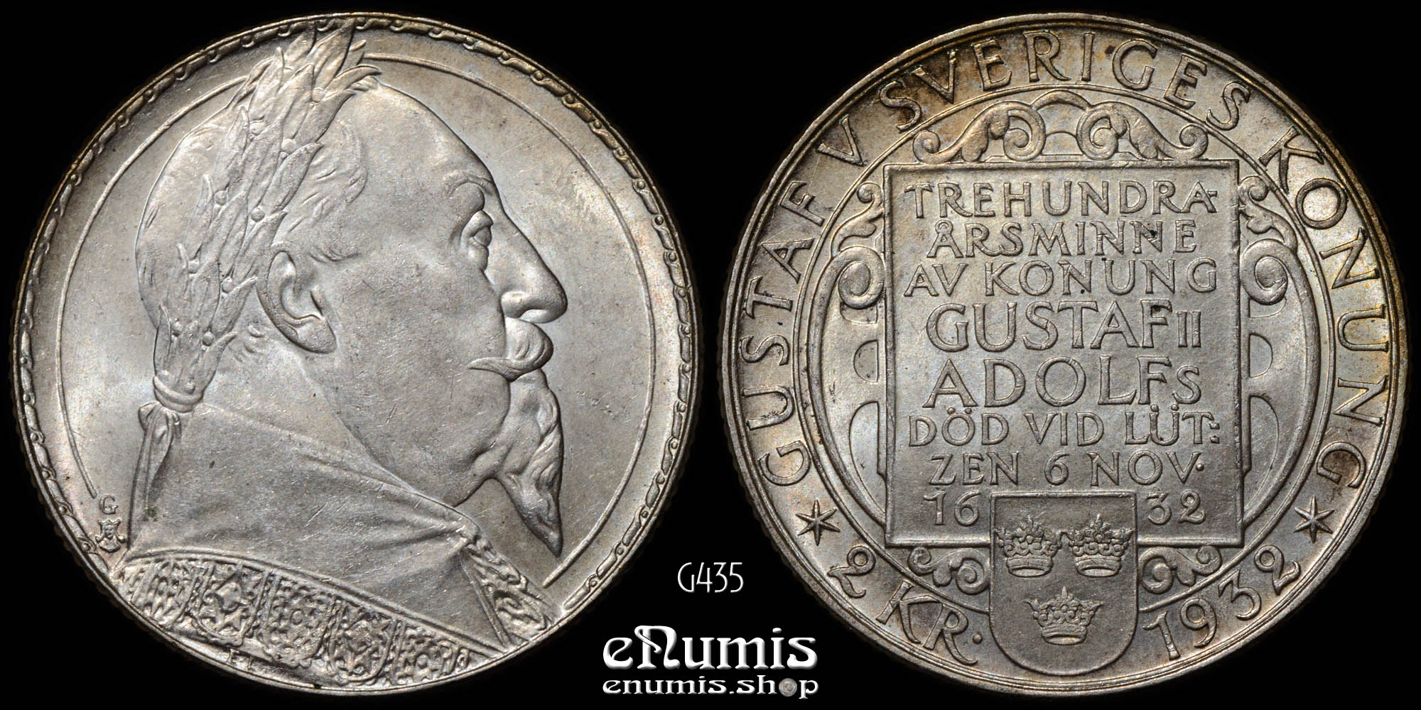 SWEDEN, Gustaf V, 2 Kronor 1932, 300th Anniversary - Death of Gustaf II, UNC