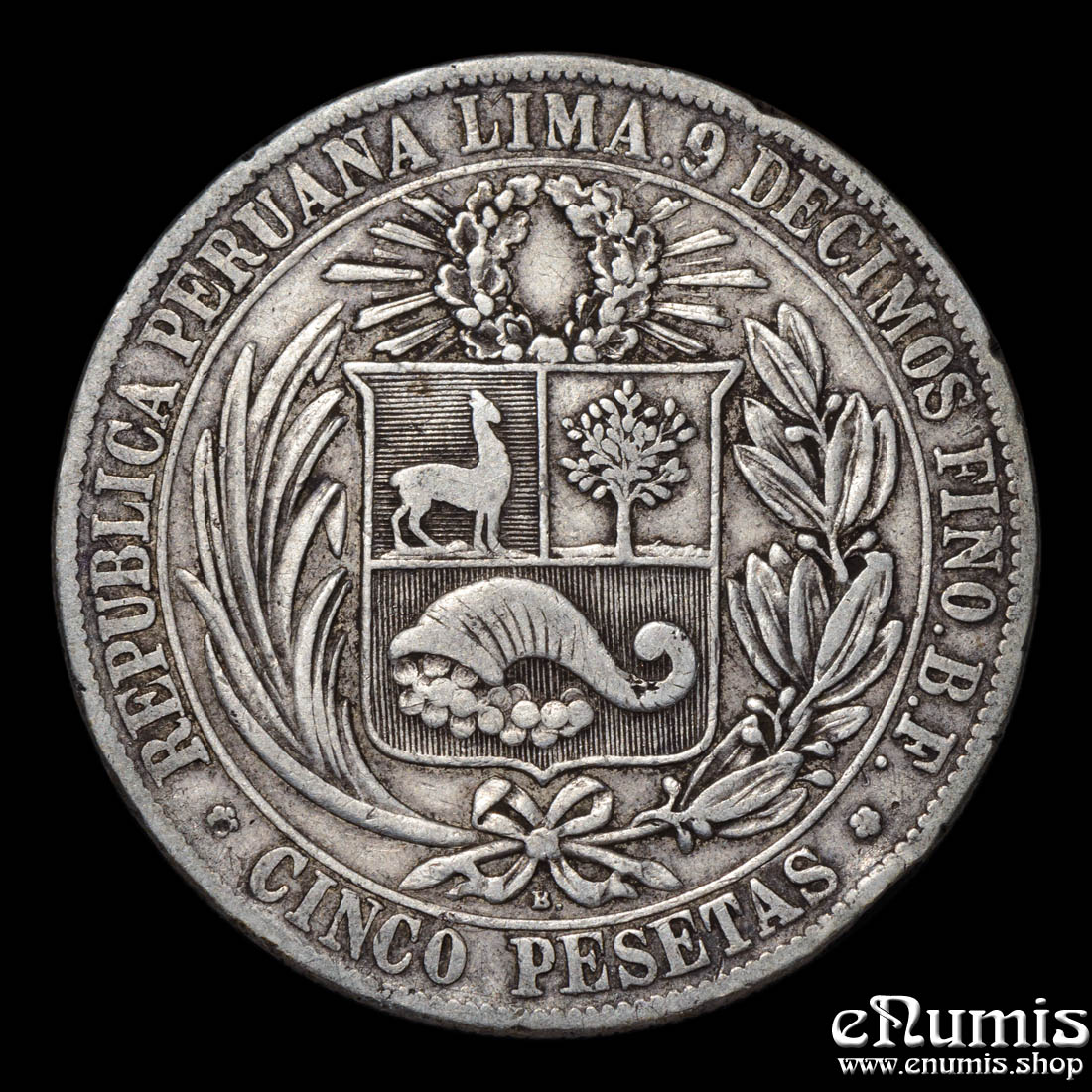 PERU, 5 Pesetas 1880 B., silver, VF+ PERU, 5 Pesetas 1880 B., silver, VF+