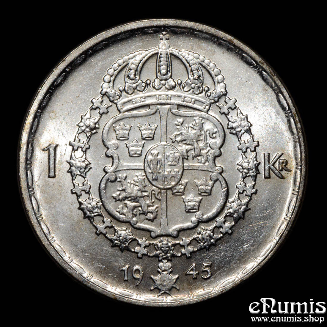 SWEDEN, Gustaf V, 1 Krona 1945, silver, scarce variety, aUNC