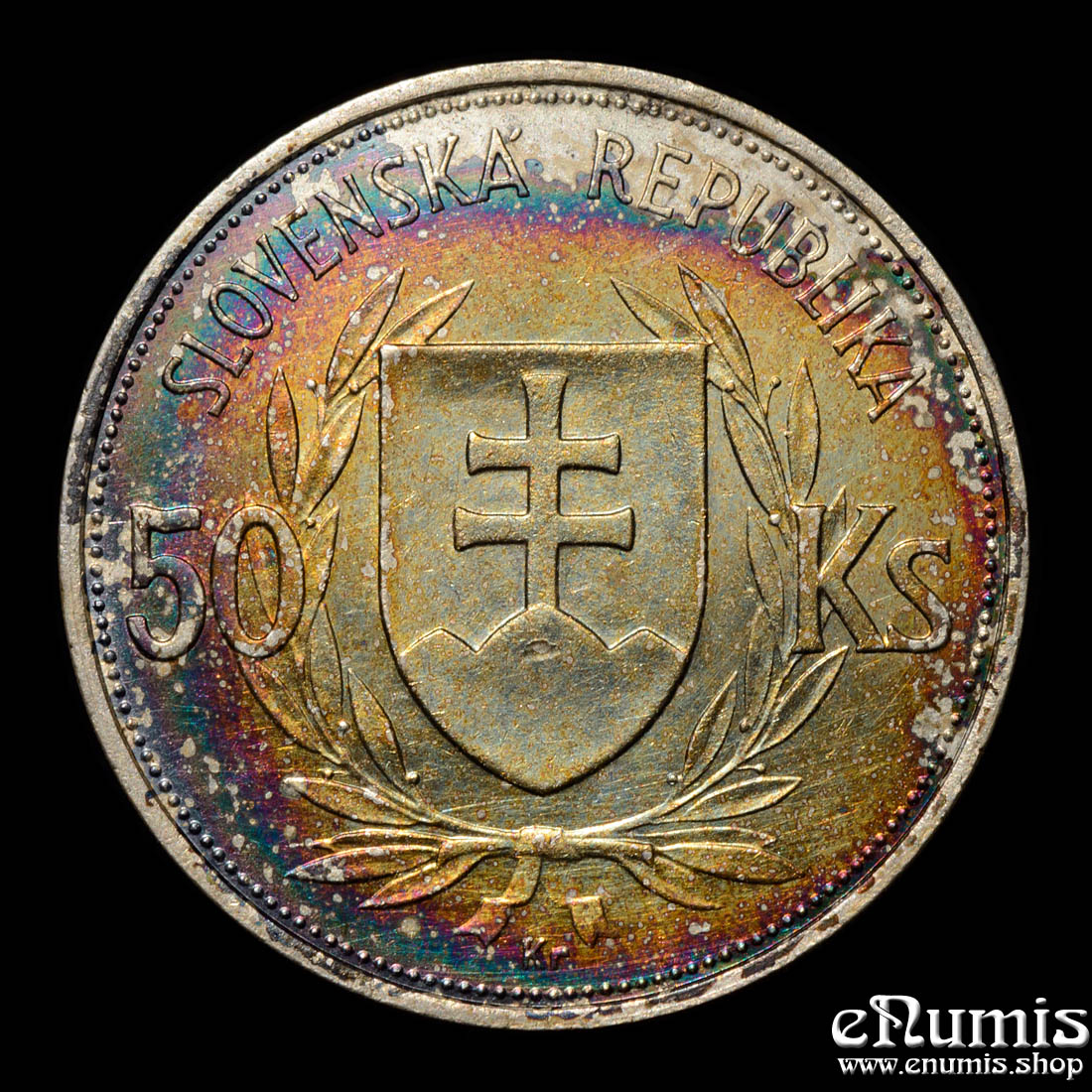 Slovakia, 50 Korun 1944, silver, toned, aUNC