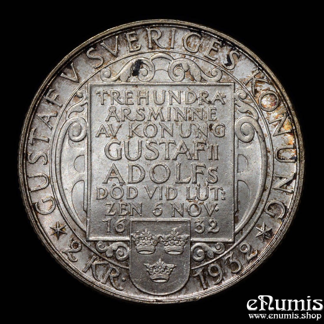 SWEDEN, Gustaf V, 2 Kronor 1932, 300th Anniversary - Death of Gustaf II, UNC