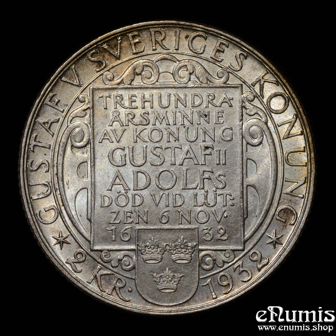 SWEDEN, Gustaf V, 2 Kronor 1932, 300th Anniversary - Death of Gustaf II, UNC