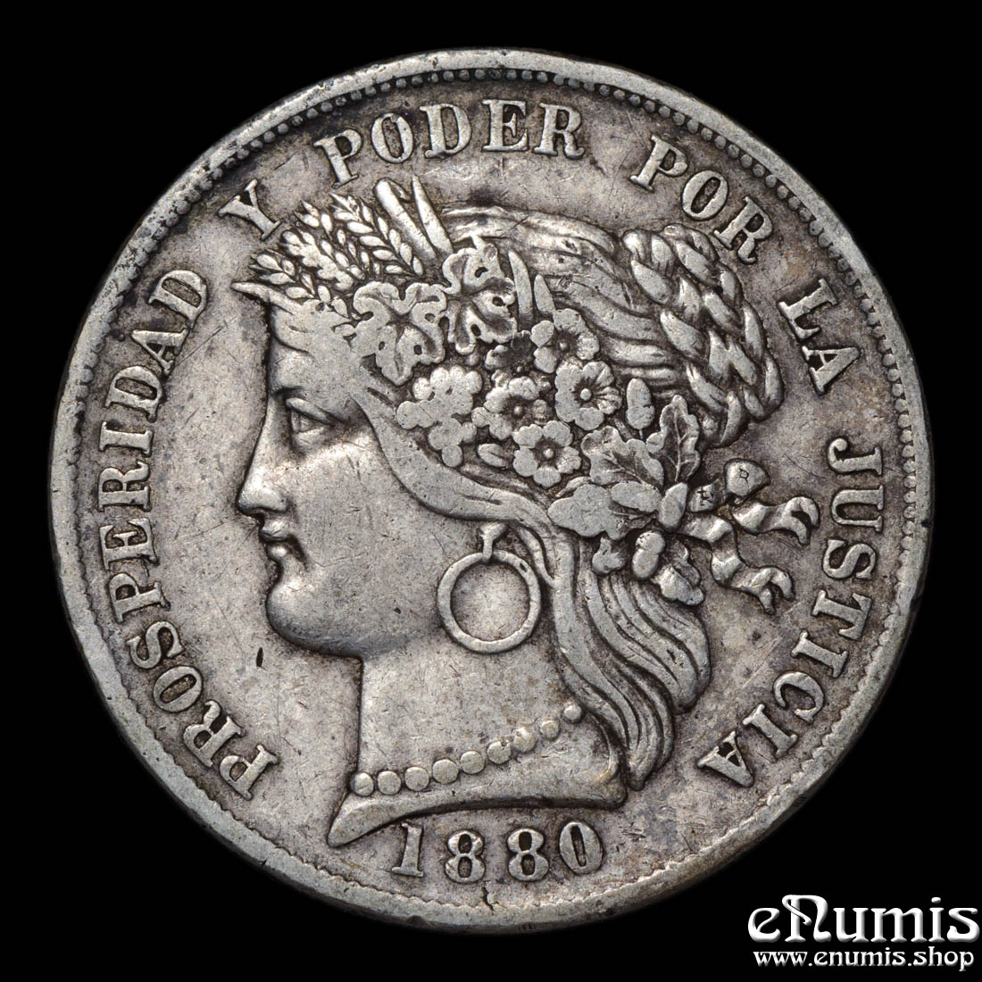PERU, 5 Pesetas 1880 B., silver, VF+ PERU, 5 Pesetas 1880 B., silver, VF+