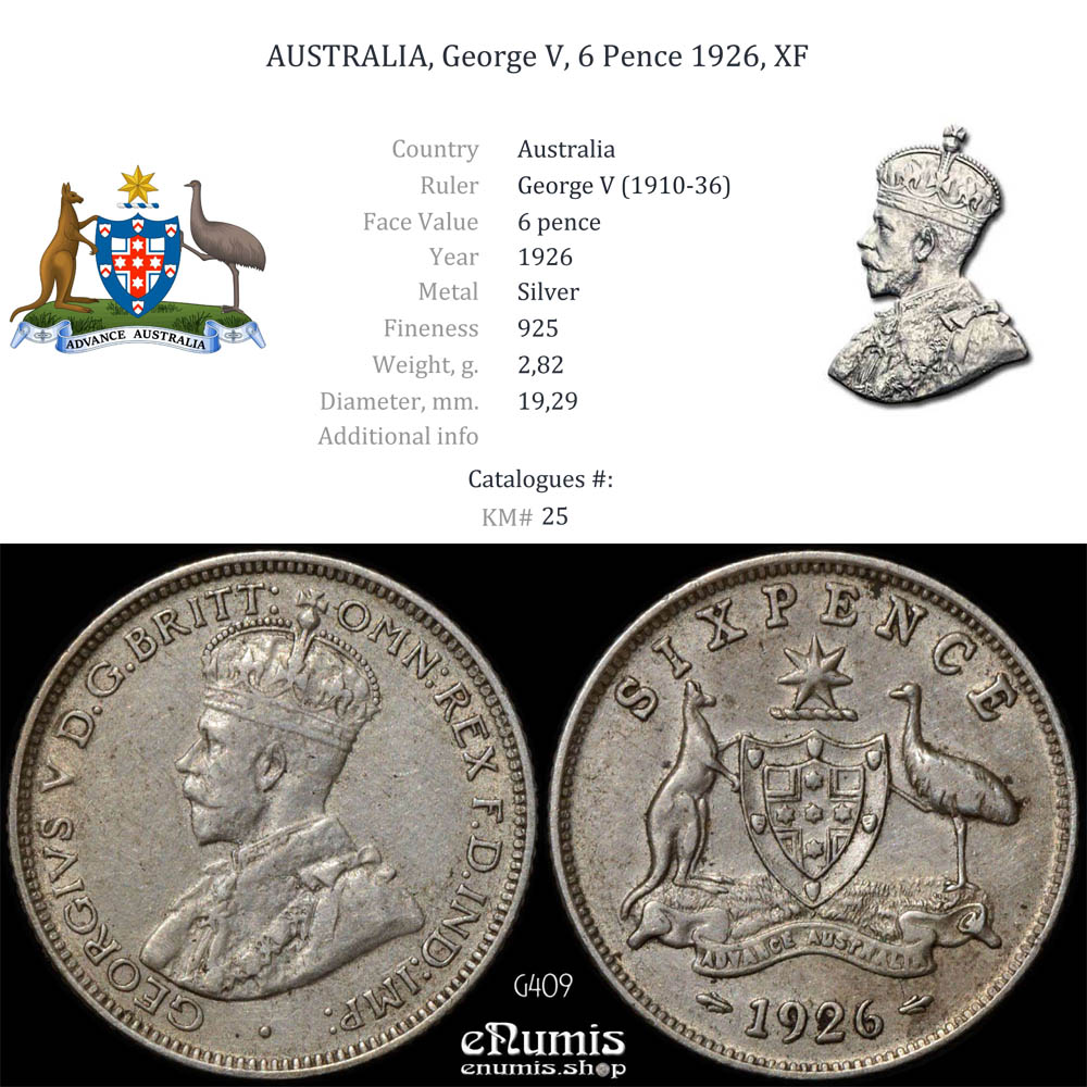 AUSTRALIA, George V, 6 Pence 1926, XF
