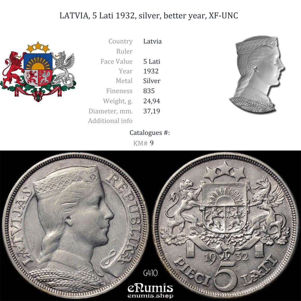 LATVIA, 5 Lati 1932, silver, better year, XF-UNC LATVIA, 5 Lati 1932, silver, better year, XF-UNC