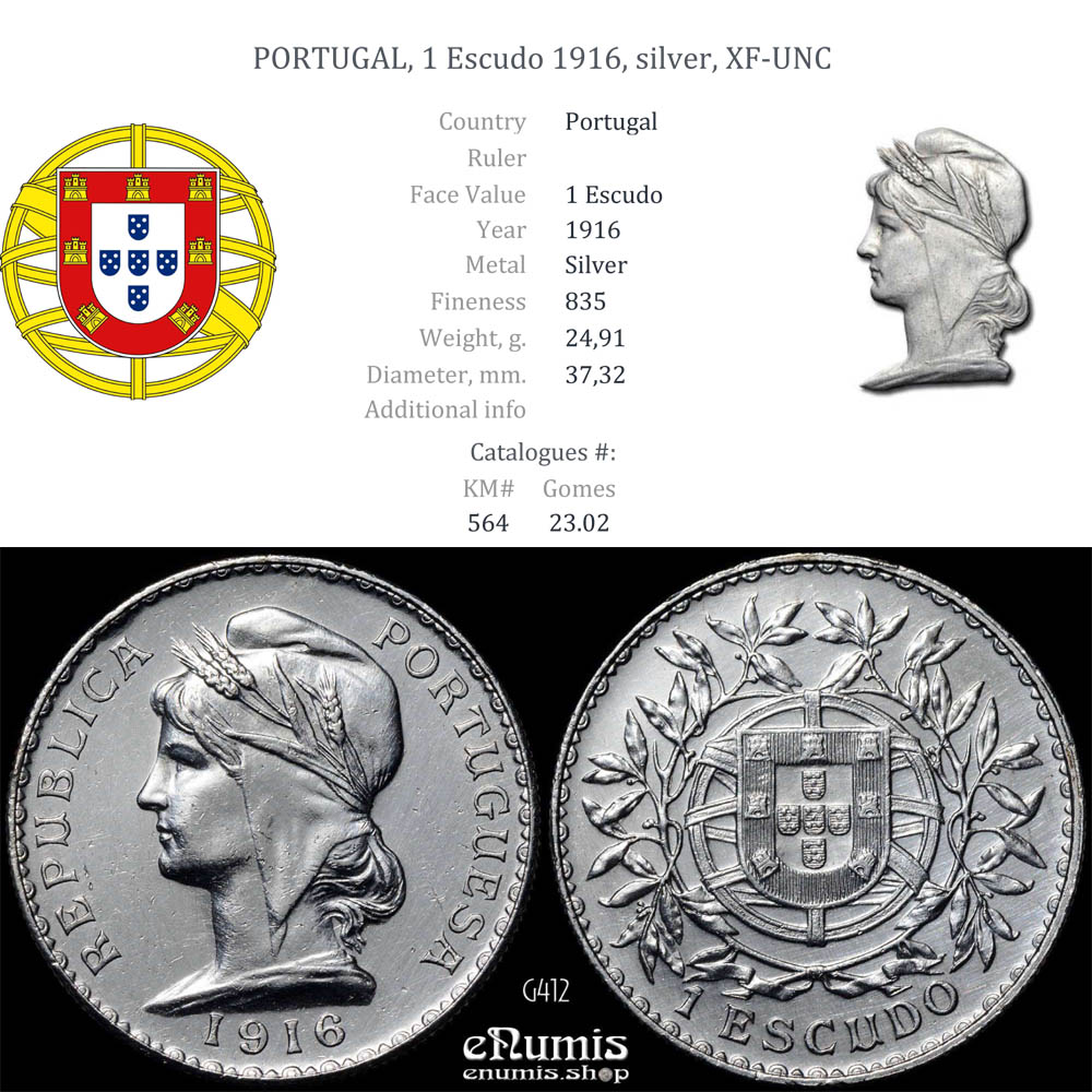PORTUGAL, 1 Escudo 1916, silver, XF-UNC
